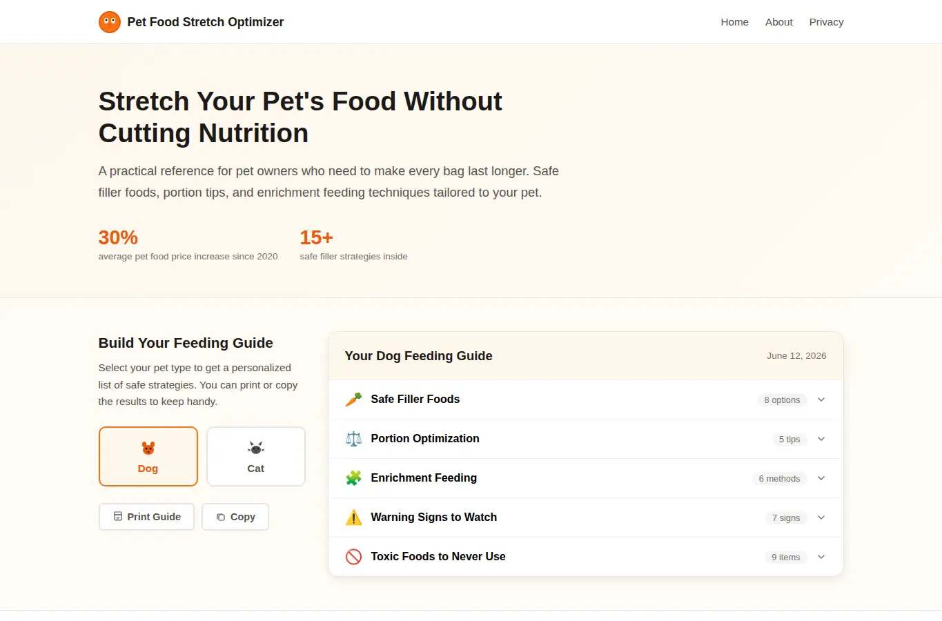Screenshot of Pet Food Stretch Optimizer interface showing the project page in use